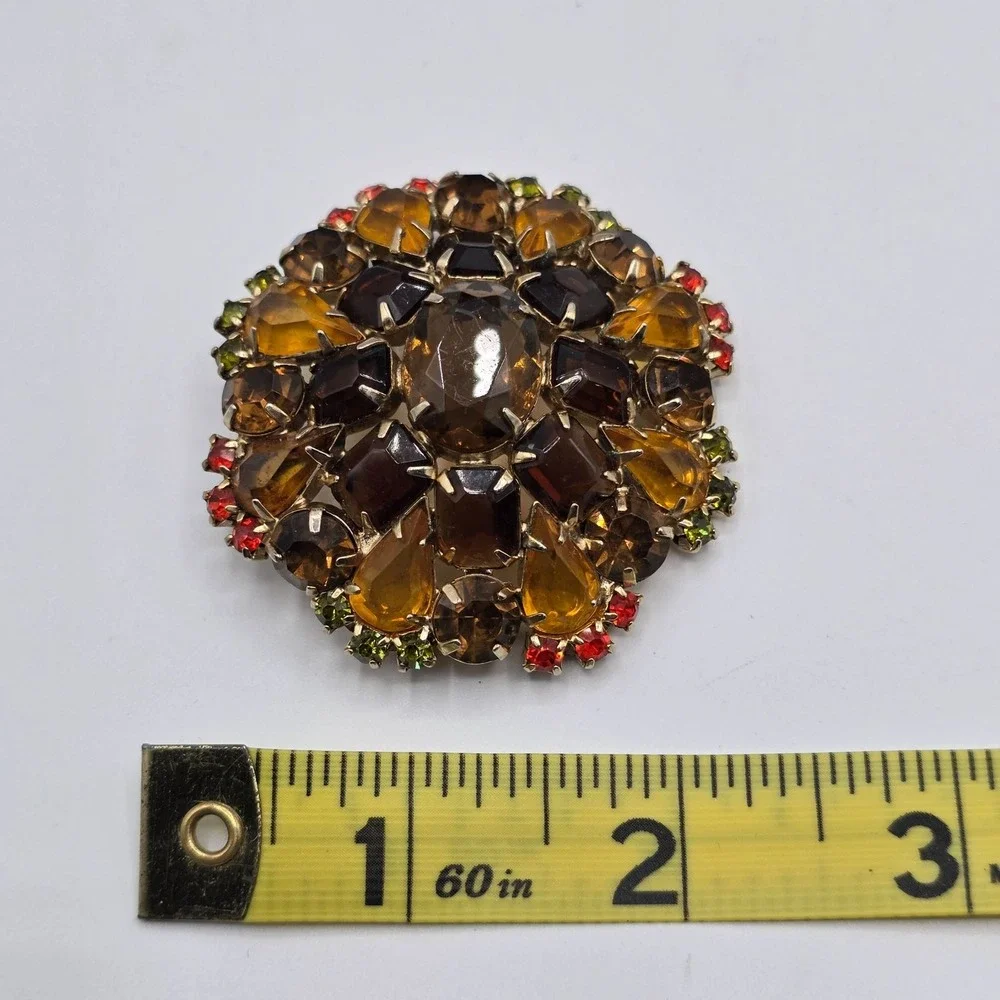 Rhinestone‎ Brooch Vintage Flower Multi-Color Chaton Amber Brown Gold Tone 1960s